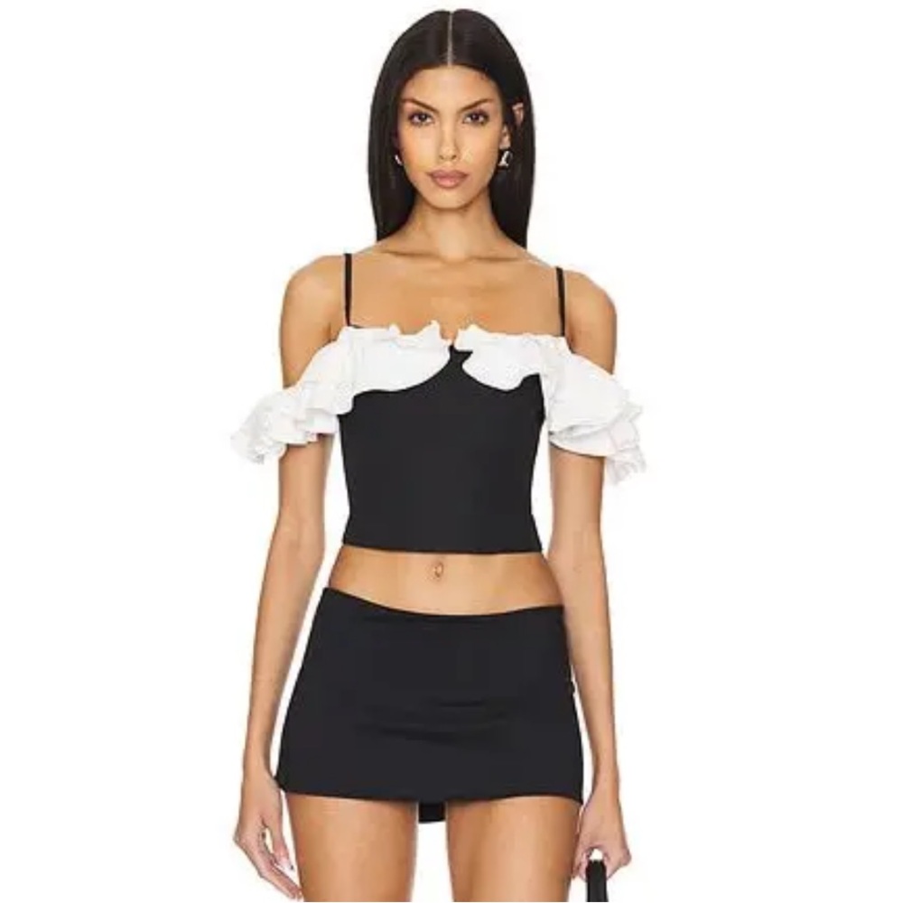 SMALL Revolve More To Come Black and White Ruffle Off-Shoulder Corinna Crop Top